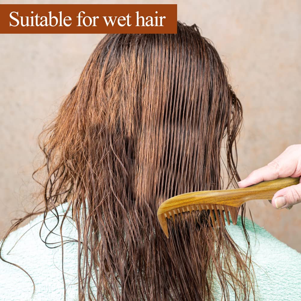 EQLEF Wide Tooth Wood Comb - Green Sandalwood Handmade Hair Comb for Men and Women