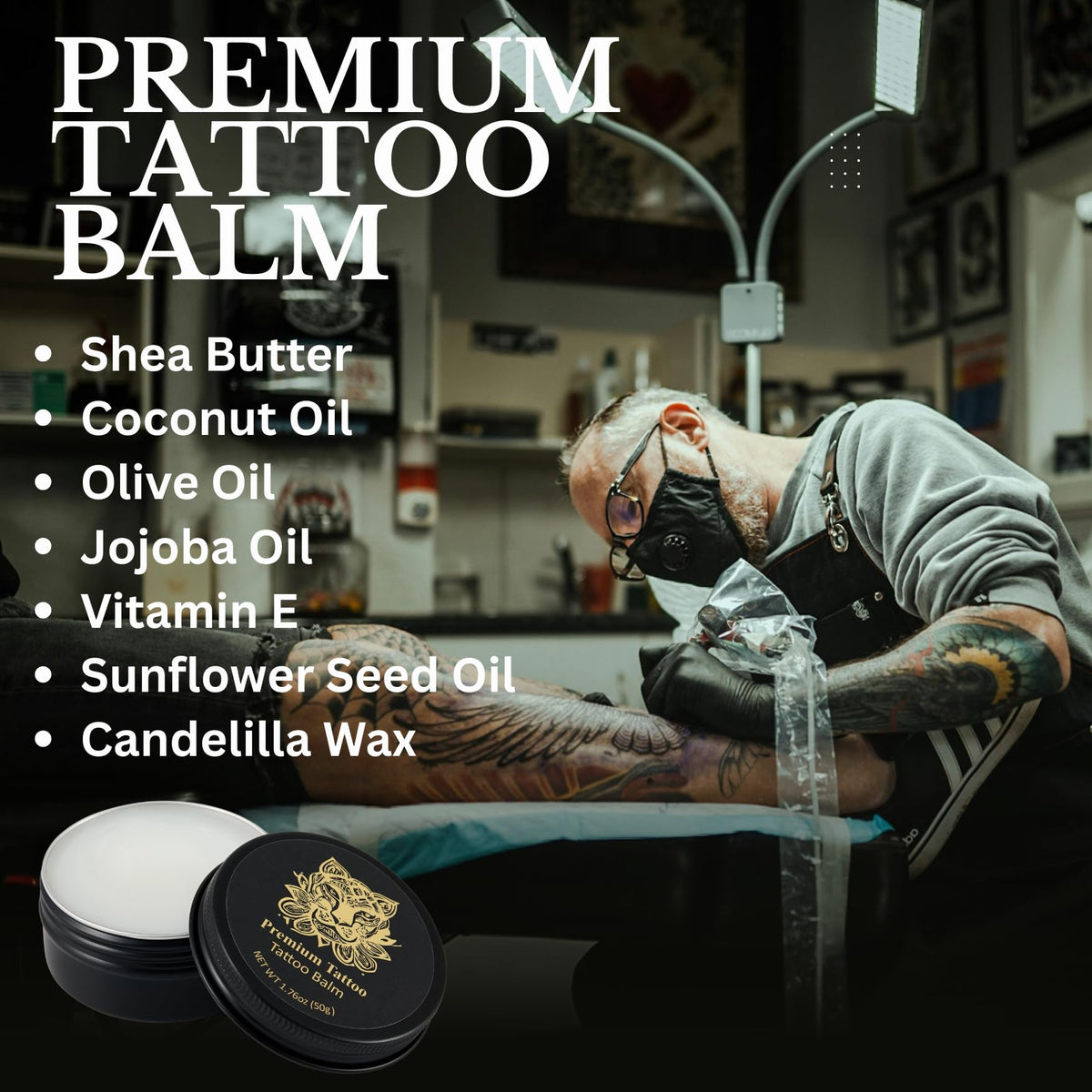 Premium Tattoo® Balm 50g – Tattoo Aftercare Balm for New & Old Tattoos – Soothing Tattoo Moisturiser with Shea Butter, Jojoba, Coconut & Vitamin B5- Vegan Tattoo Butter for Bright, Healthy-Looking Ink