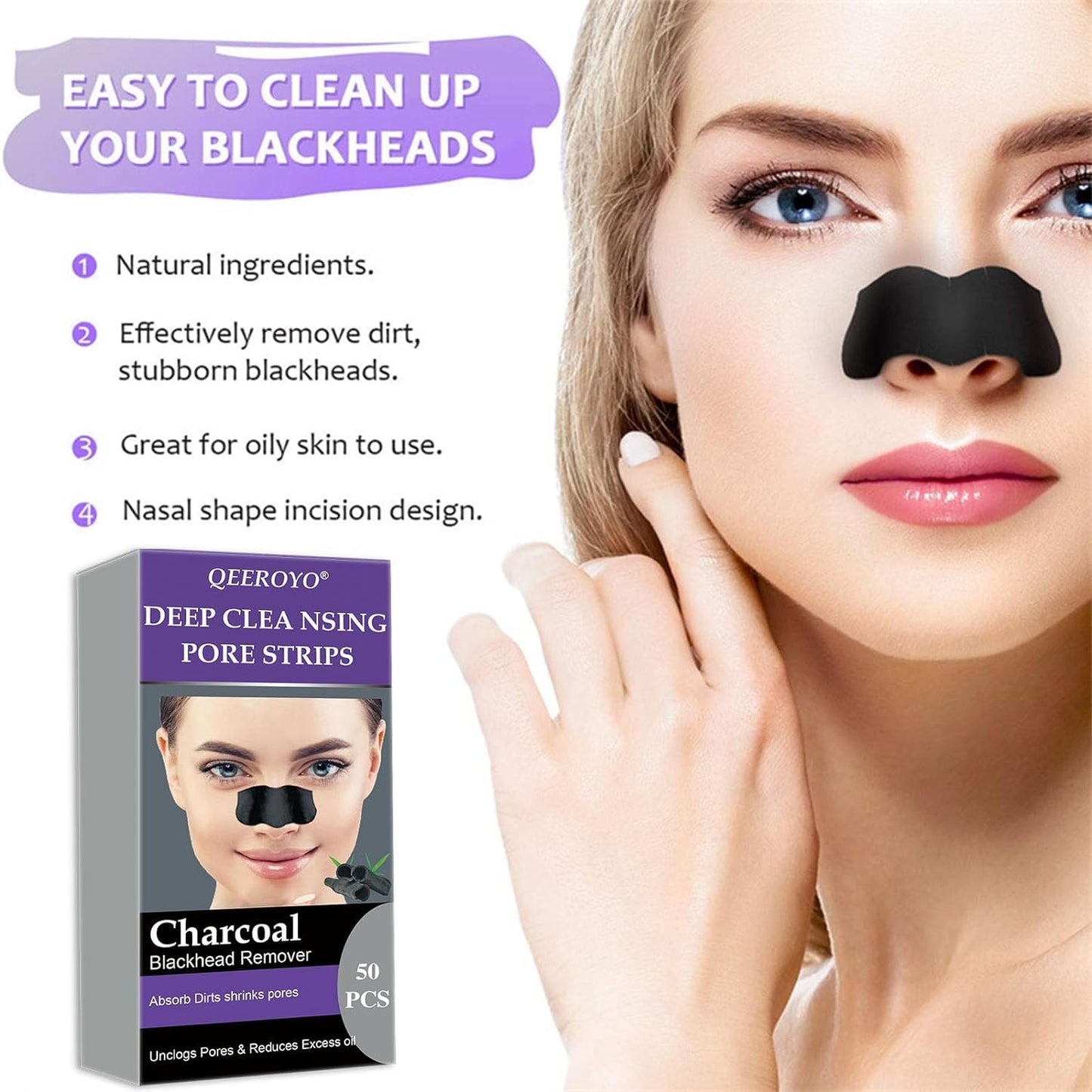 QEEROYO Nose Strips, Nose Strips Blackhead, 50 pcs Pore Strips, Blackhead Pore Strips, Pore Strips for Blackheads, Deep Cleansing Nose Strips, Deep Cleansing Nose Pore Strips for Madam Blackheads Removal