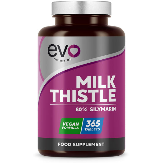 EVO NUTRITION Milk Thistle Tablets | 80% Silymarin | 365 Tablets | Vegan Supplement | Milk Thistle Capsules Alternative | Made in The UK