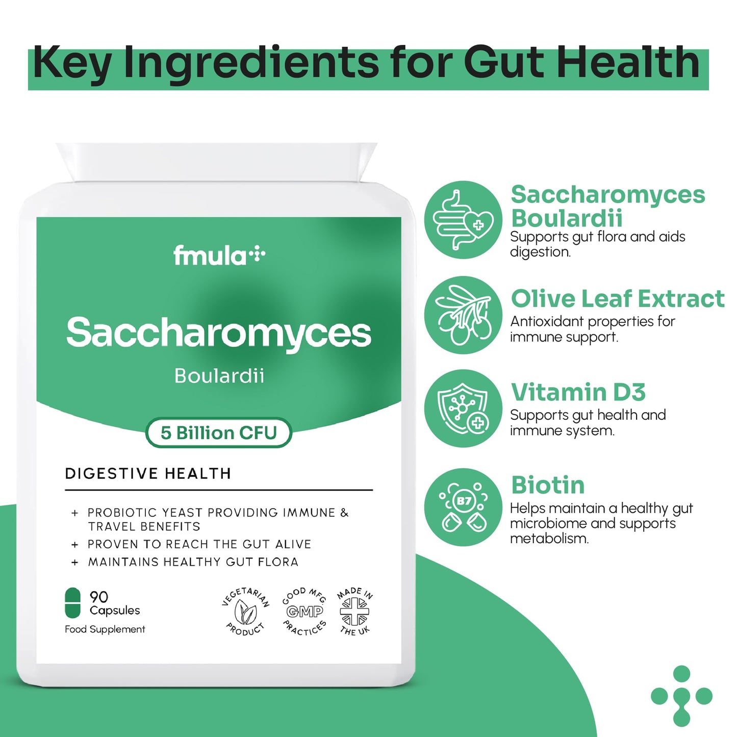 fmula+ Saccharomyces Boulardii Supplement | 5 Billion CFU Yeast Probiotic Capsules with Vitamin D3, Olive Leaf & Biotin for Gut Balance & Immune Support | No Refrigeration Required | UK Made | 90 Capsules