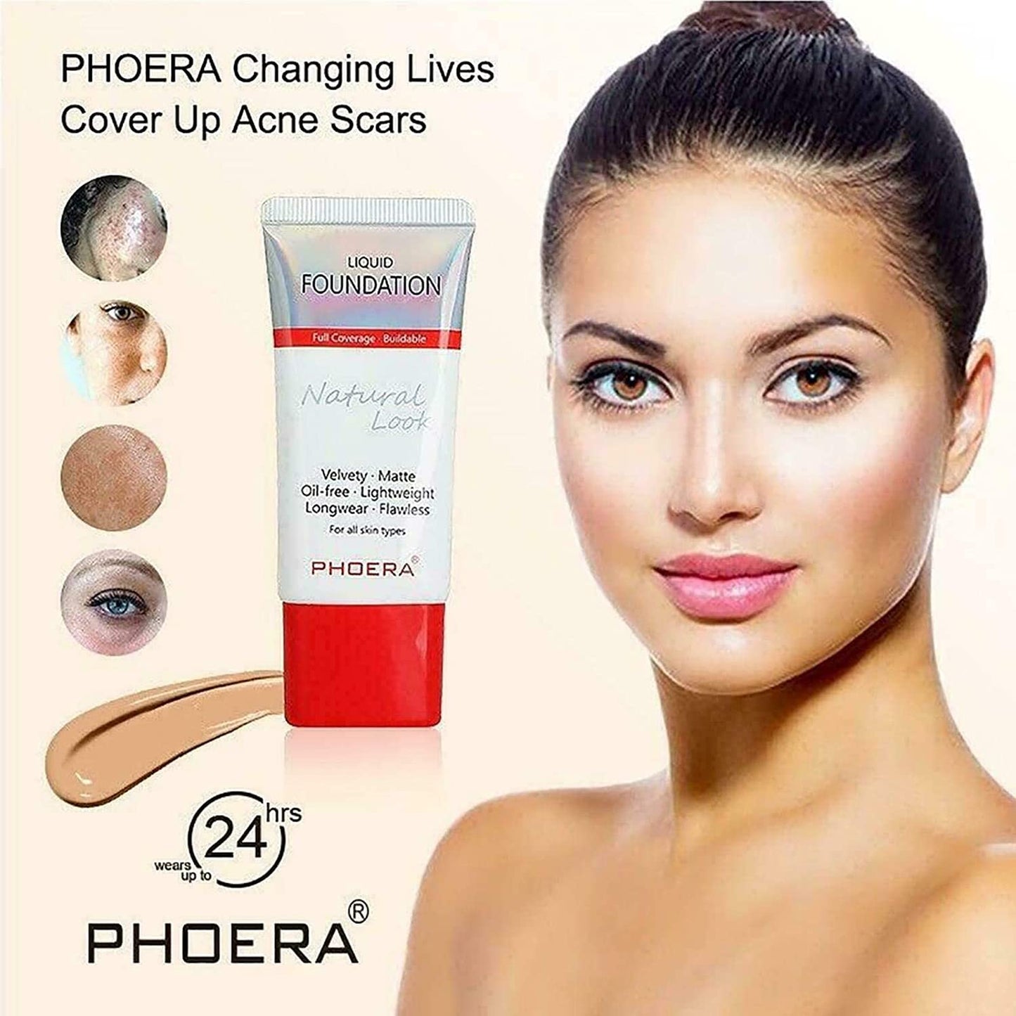 ONEKLIK Phoera Foundation Full Coverage Foundation Soft Matte Liquid Foundation Makeup Flawless Cream Smooth Waterproof Lightweight 24HR Long Lasting New Formula Tube Pack (104A Natural Beige)