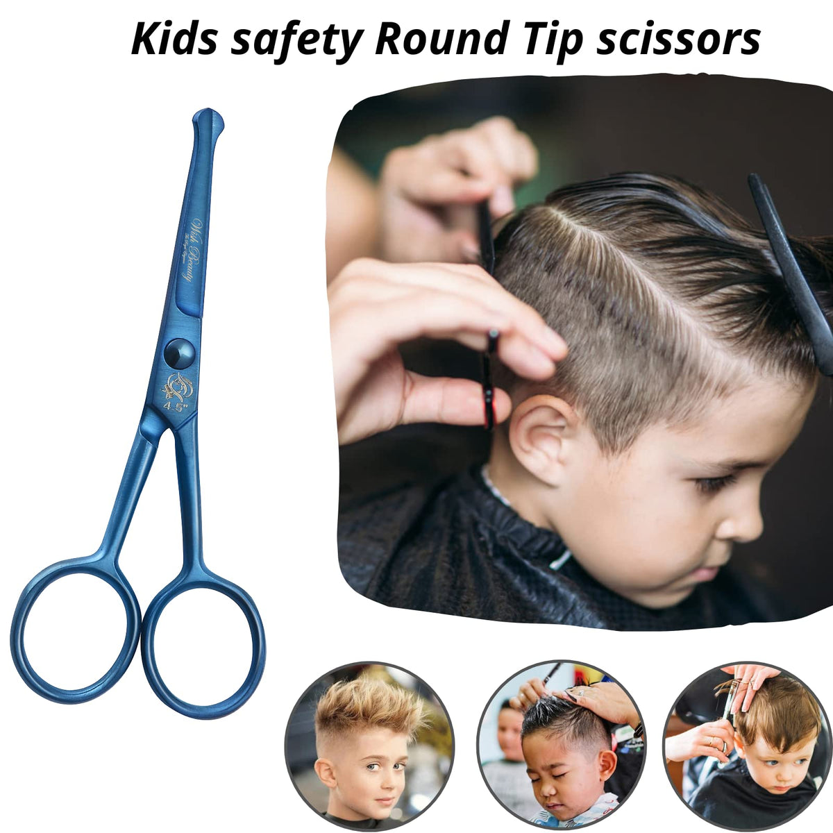 wish beauty,the royal elegance wishbeauty Kids Safety Round Tip & Curved Hair Scissors - Professional Salon Barber Scissors for Baby (Blue, 4.5")