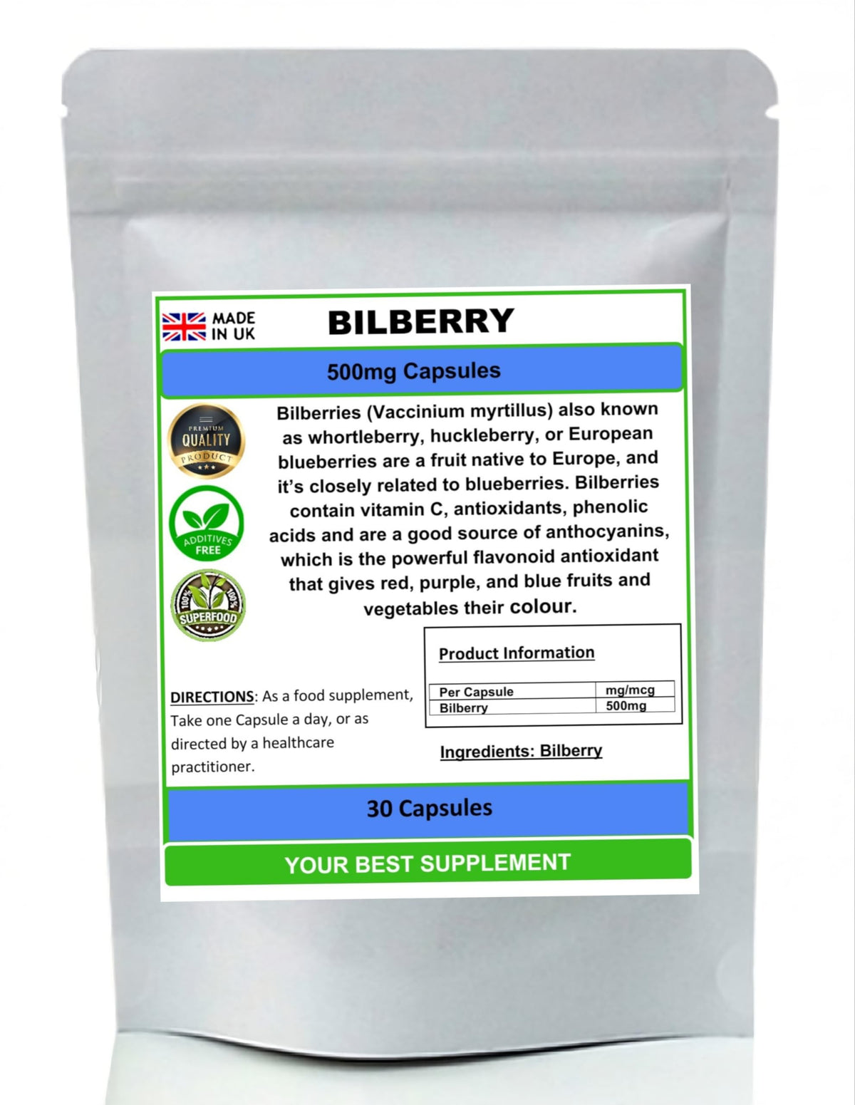 Your Best Supplement Bilberry Capsules 500mg- Premium Quality (High Strength) Natural No Additives (30)