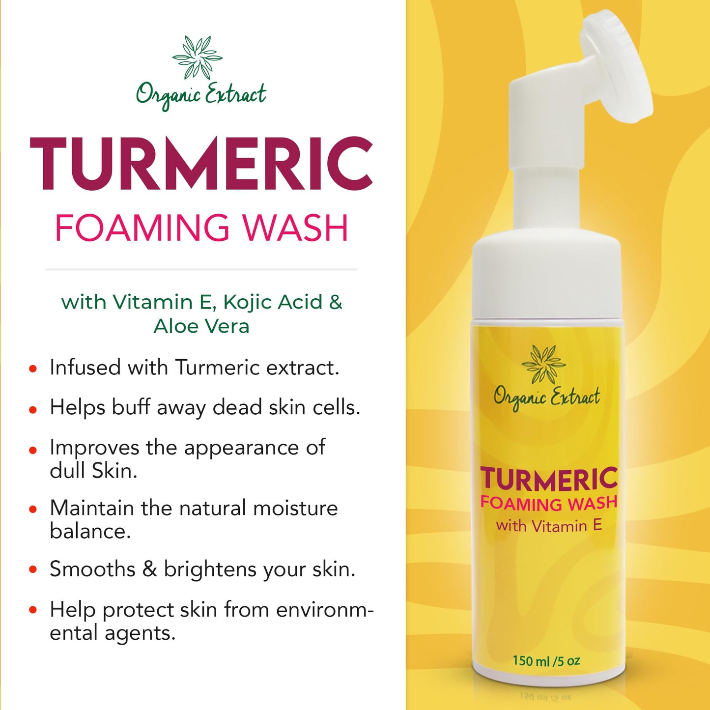 ORGANIC EXTRACT Turmeric Skin Brightening Face Wash – 5 fl oz / 150ml – Daily Moisturizer, Gentle Facial Cleanser for All Skins with Kojic Acid, Vitamin E, and Aloe Vera