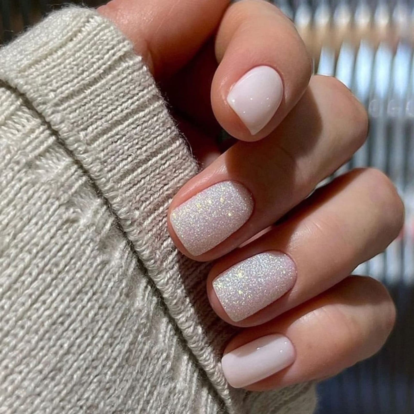 JUSTOTRY 24 Pcs Milky Short False Nails Pattern,White Solid Square Press on Nails,Glossy Fake Nails Medium for Nails Art,Glitter Squoval French Stick on Nails for Women and Teens Gifts