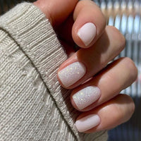 JUSTOTRY 24 Pcs Milky Short False Nails Pattern,White Solid Square Press on Nails,Glossy Fake Nails Medium for Nails Art,Glitter Squoval French Stick on Nails for Women and Teens Gifts