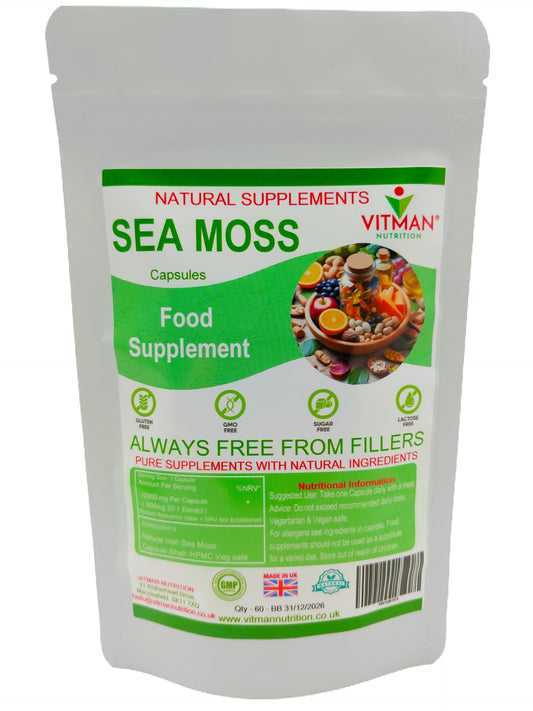VitMan Nutrition Sea Moss Capsules, 60x Natural Irish Sea Moss Food Supplement, Gluten Free, Sugar Free, GMO Free, Vegan