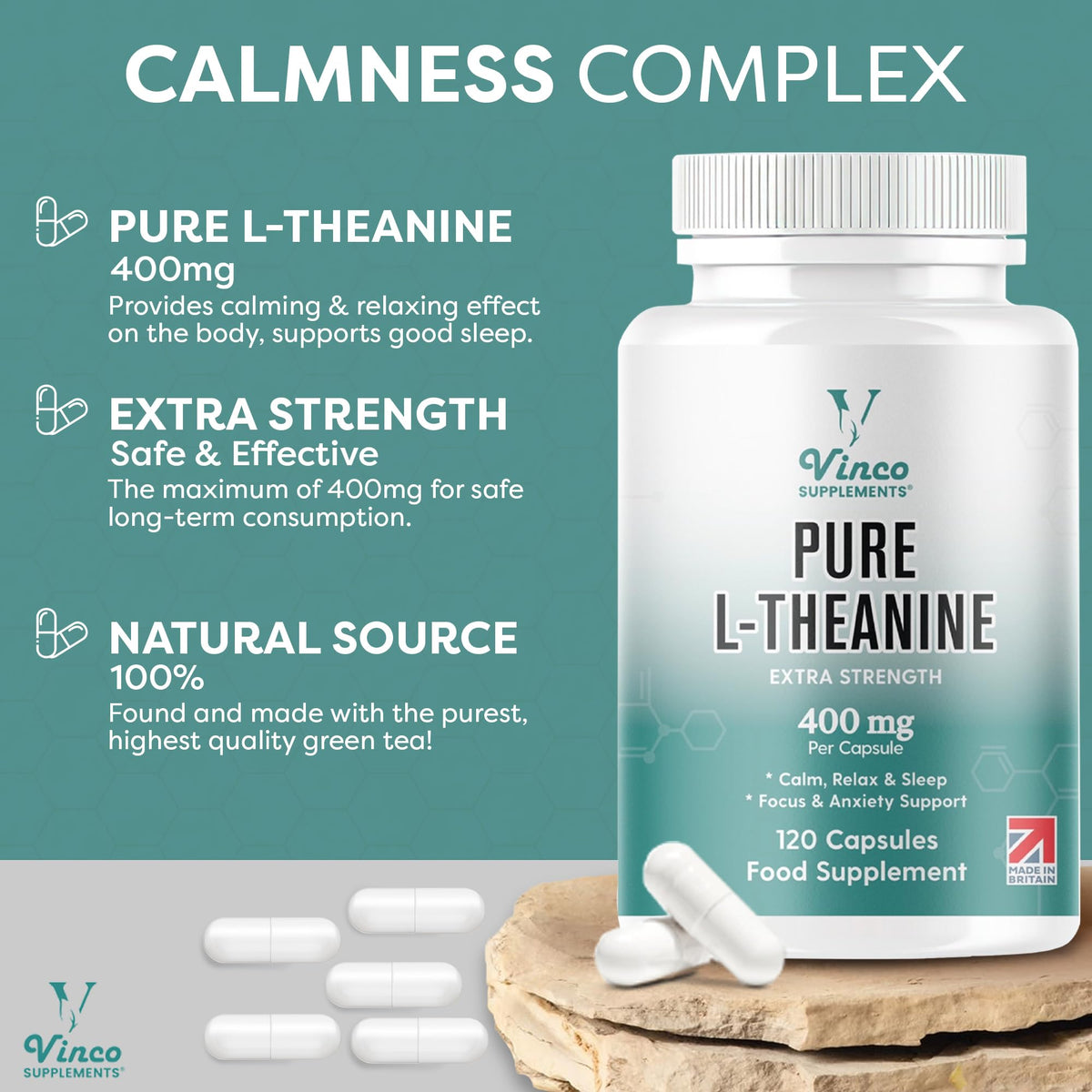 Vinco Supplements Vinco L-Theanine Supplement - 400mg x 120 High Strength L Theanine Capsules - 99%+ Purity - Supports Sleep & Relaxation - Non-GMO & Gluten Free - Made in The UK
