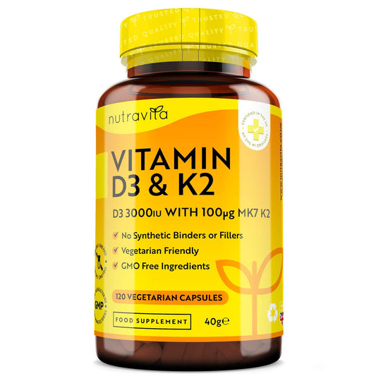 Vitamin D3 3000iu & K2 100ug (MK7) – 120 Vitamin D3 K2 Vegetarian Capsules – Supports Normal Bones, Muscles, Teeth and Immune System – Cholecalciferol & Menaquinone-7 – Made by Nutravita