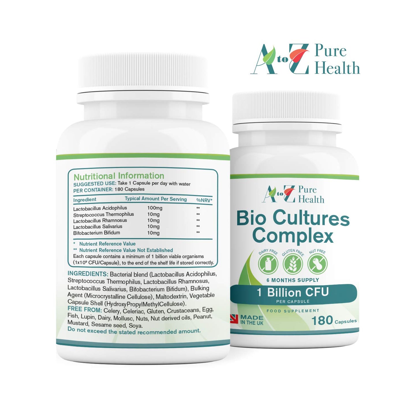 Premium Bio Cultures Complex 180 Capsules (6 Month’s Supply) | High Strength Probiotic | Vegan Multi Strain Probiotic | Lactobacillus Acidophilus & Bifidobacterium | Supports Digestive Health
