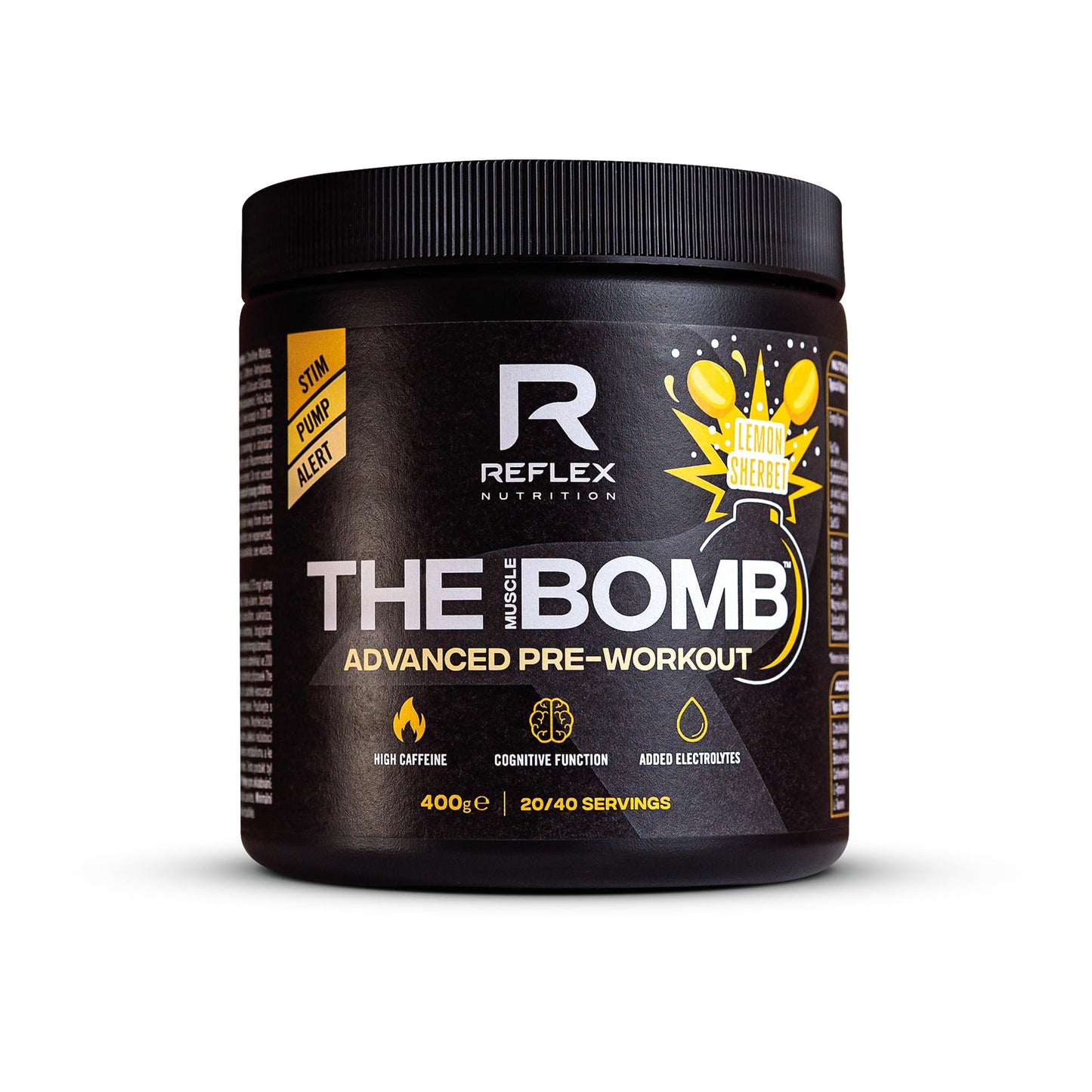 Reflex Nutrition Pre Workout The Muscle Bomb 350mg Caffeine 9g Citrulline Malate 2.5g Beta Alanine Added Hydration Electrolytes (Sherbet Lemon, 400g)
