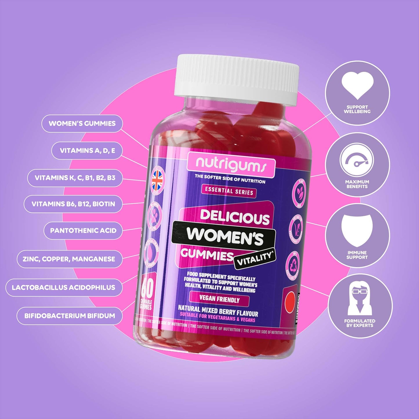 Nutrigums Women's Vitality Multivitamins & Probiotics Gummy | Contains 19 Active Nutrients | Mixed Fruit Flavour | 60 Vegan Gummies | Gut, Bones, Energy, Hair, Skin, Vision & Immunity by NUTRIGUMS®