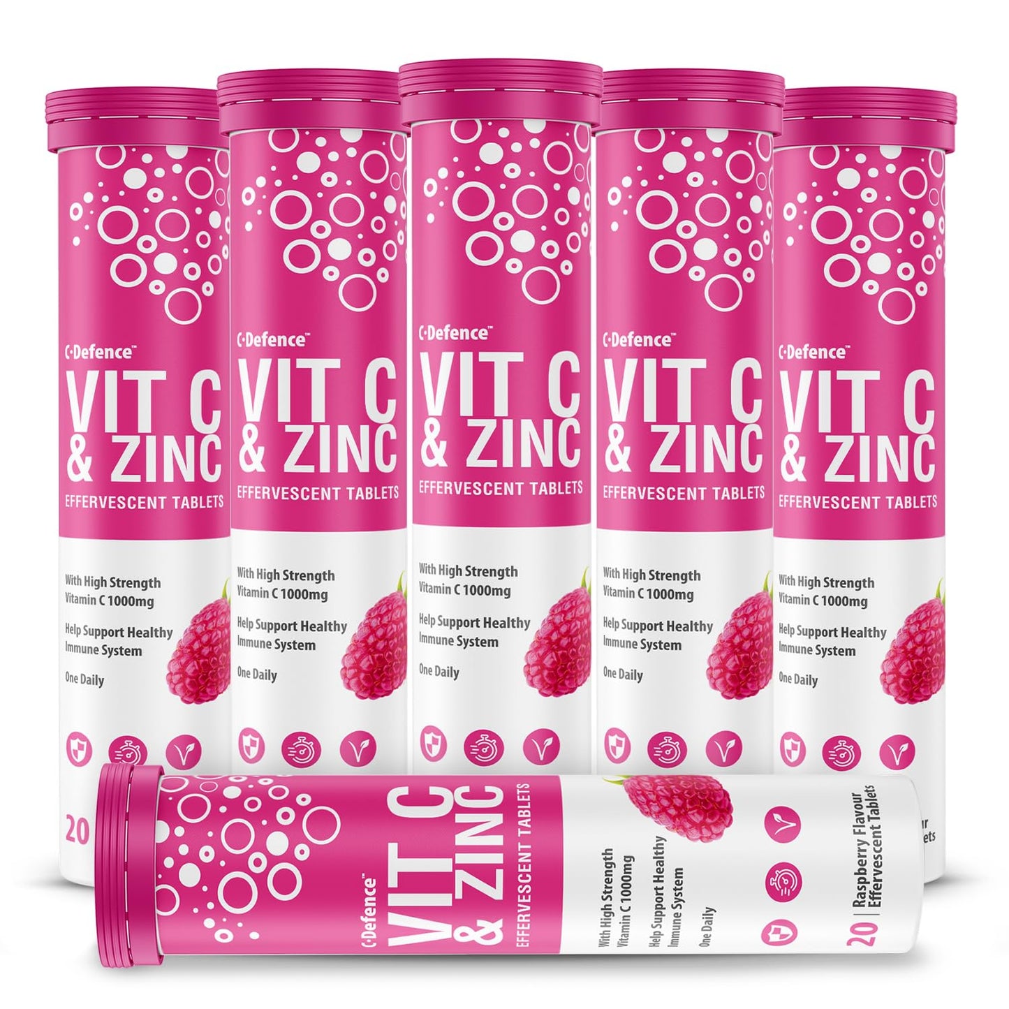 C.Defence Vitamin C 1000mg & Zinc 15mg Raspberry Flavour Effervescent Tablets - High Strength Tablets for a Healthy Immune System (6 Tubes)
