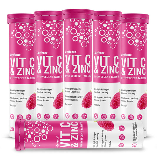 C.Defence Vitamin C 1000mg & Zinc 15mg Raspberry Flavour Effervescent Tablets - High Strength Tablets for a Healthy Immune System (6 Tubes)