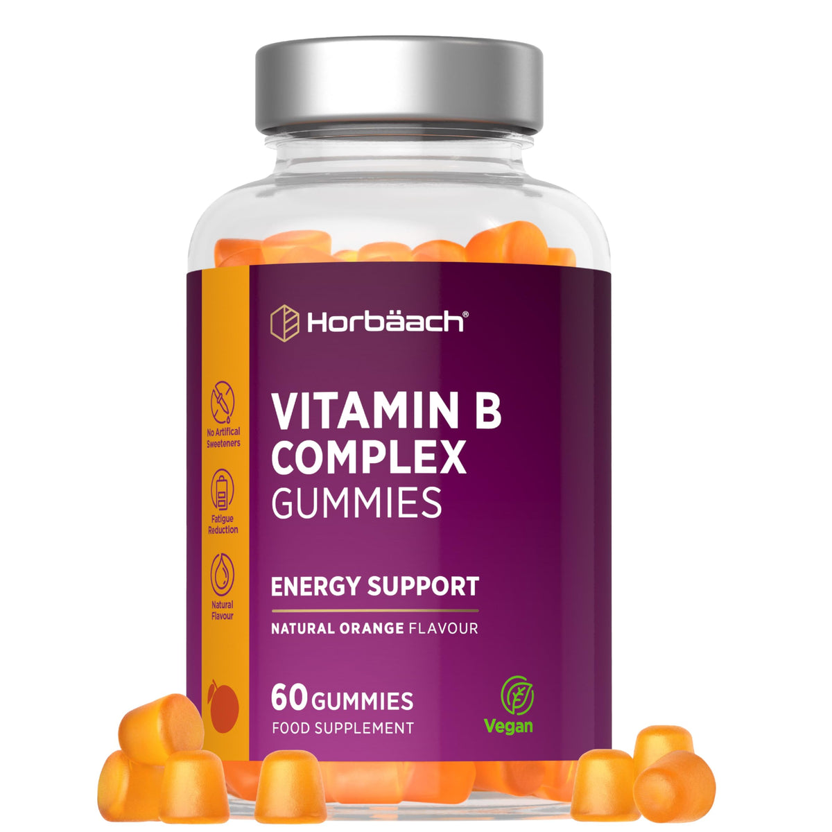 Horbäach Vitamin B Complex Gummies | 60 Count - Tablet Alternative | High Strength Supplement with Vitamin B12, B6, B2, B3, B5, Biotin, Folic Acid, and Iodine | Natural Orange Flavour | by Horbaach