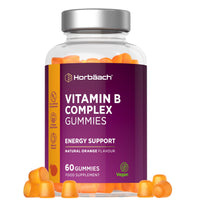 Horbäach Vitamin B Complex Gummies | 60 Count - Tablet Alternative | High Strength Supplement with Vitamin B12, B6, B2, B3, B5, Biotin, Folic Acid, and Iodine | Natural Orange Flavour | by Horbaach