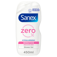 Sanex Zero% Hypoallergenic Sensitive Shower Gel 450ml | 0% fragrance, colourants, sulphates* & soap | 8 hours of hydration | dermatologically tested | ingredients of 93% natural origin**
