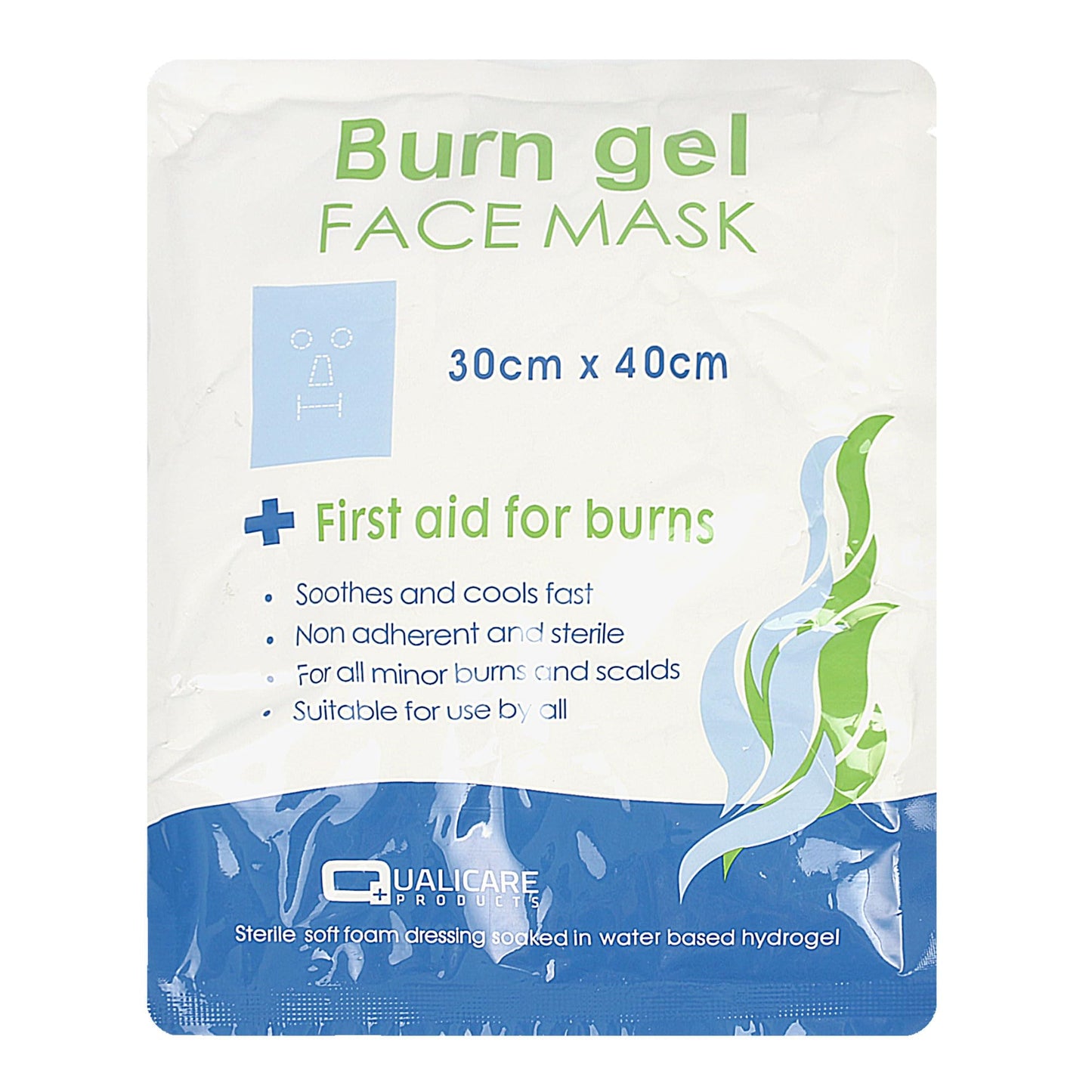 Qualicare Burn Gel Face Mask 30cm x 40cm - Sterile Soft Foam Dressing Soaked in Water-Based Hydrogel