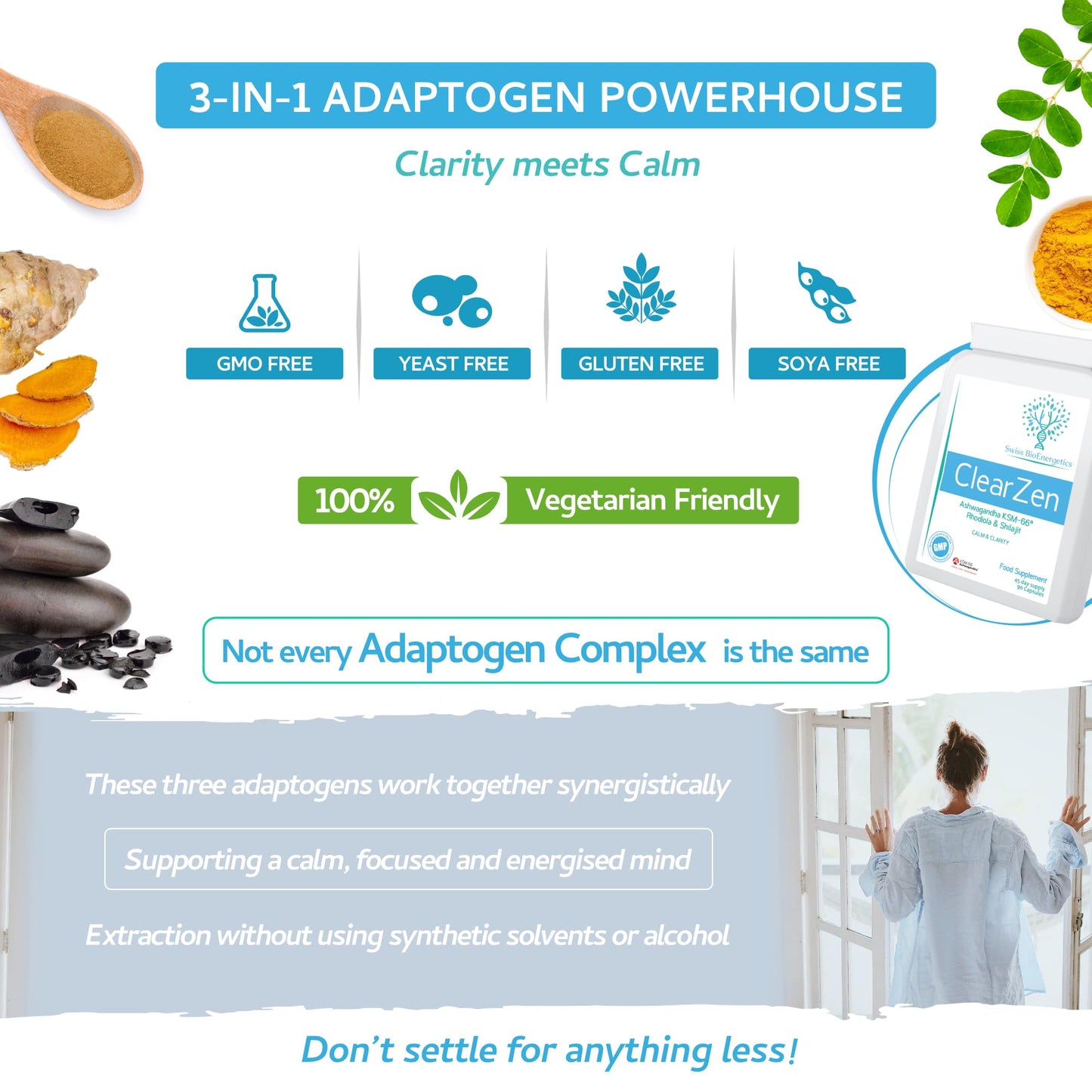 ClearZen - Rhodiola, Ashwagandha and Shilajit - Adaptogen 3-in-1 Ashwagandha KSM-66 1500mg, Rhodiola 500mg (3% Rosavins, 1% Salidrosides) & Shilajit 60% Fulvic Acid - No Artificial fillers or Binders