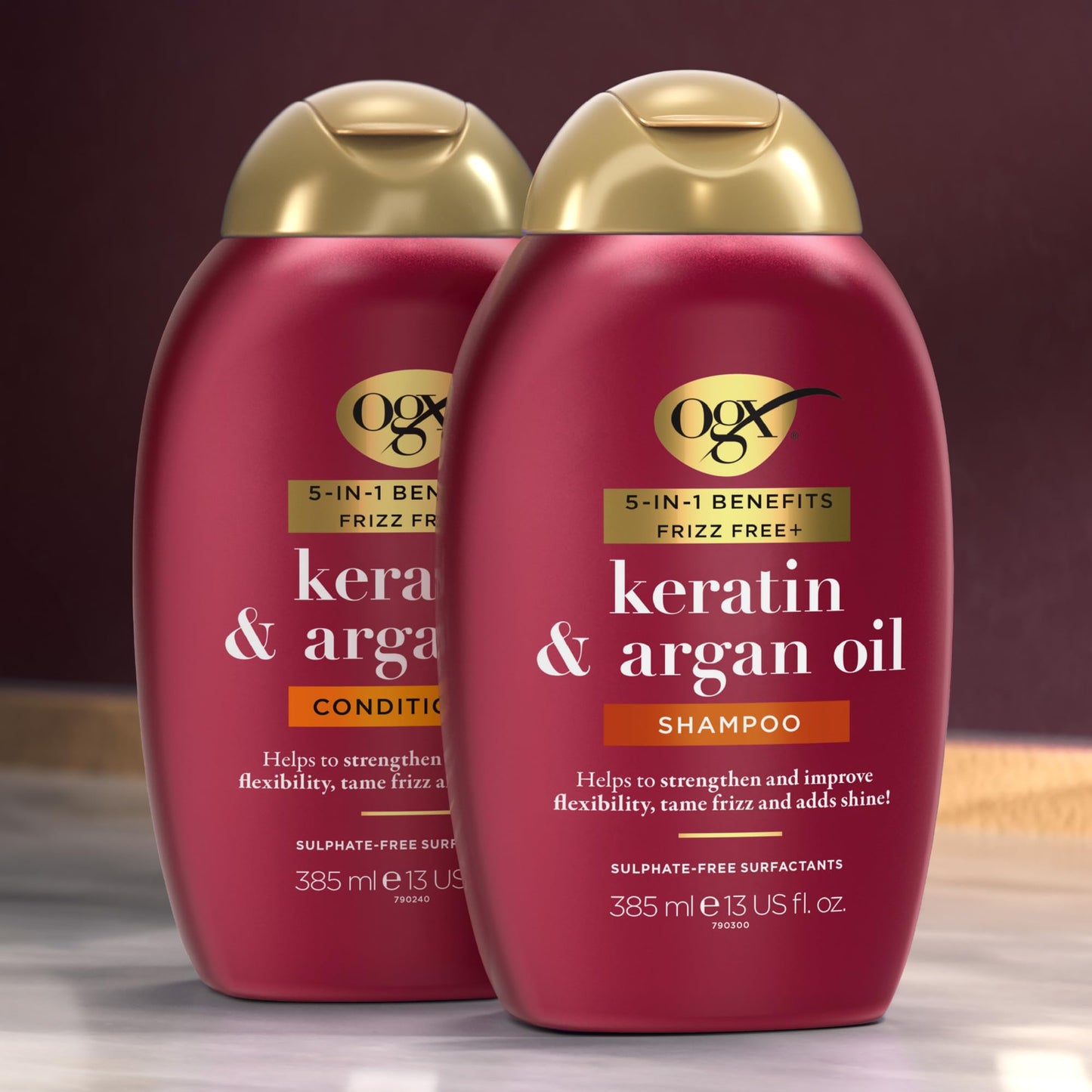 OGX 5in1 Benefits Frizz Free with Keratin & Argan Oil Shampoo, Strengthens and Improves Flexibility, Tames Frizz and Adds Shine, Sulfate Free, 385ml