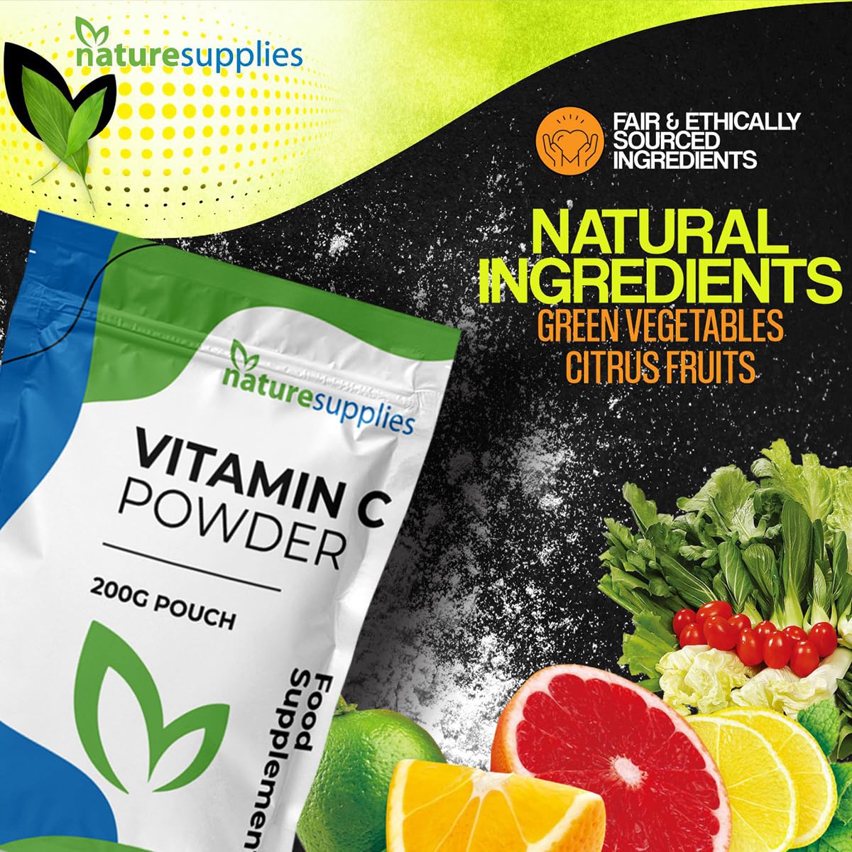 naturesupplies Vitamin C Powder 200g Ascorbic Acid UK Non GMO - Pharmaceutical Grade, Highly Concentrated No Chemicals in Our Supplements - Suitable for Vegans - Naturesupplies