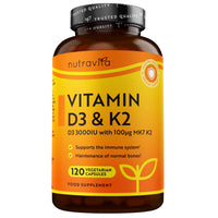 Nutravita Vitamin D3 3000iu & K2 100ug (MK7) – 120 Vitamin D3 K2 Vegetarian Capsules – Supports Normal Bones, Muscles, Teeth and Immune System – Cholecalciferol & Menaquinone-7