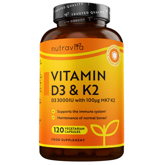 Nutravita Vitamin D3 3000iu & K2 100ug (MK7) – 120 Vitamin D3 K2 Vegetarian Capsules – Supports Normal Bones, Muscles, Teeth and Immune System – Cholecalciferol & Menaquinone-7