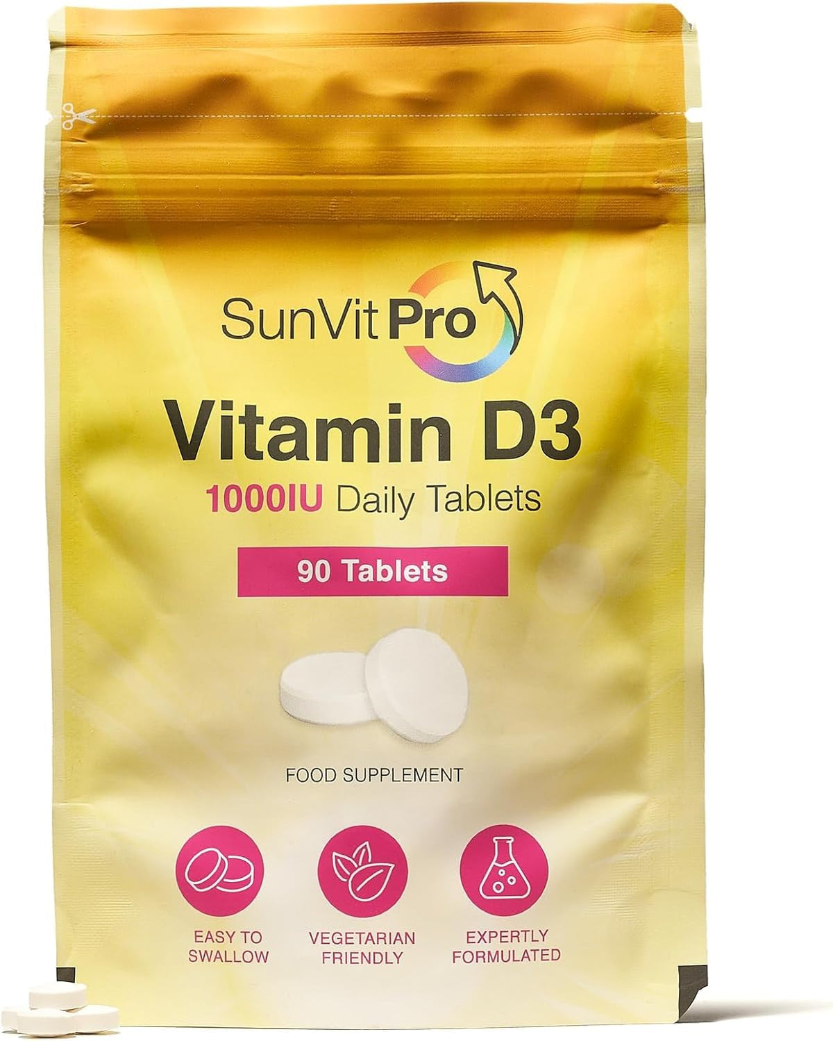 SunVit-D3 Vitamin D 1000IU - Cholecalciferol Vitamin D Tablets 1000IU Support the Maintenance of Bone, Teeth, Muscle & Immune System | UK Made, GMP Approved, Dairy & Gluten free D3 Vitamins 90 Tablets