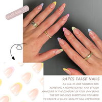 NLFOX Press On Nails Short - French Tip False Nails Almond - 24PCS Rainbow French Summer Fake Nail in 12 Sizes - Reusable Stick on Nails for Women