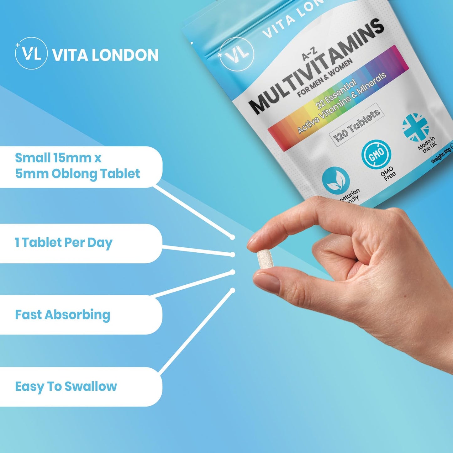 VL Vita London Vita London A-Z Multivitamins for Men & Women – 22 Essential Active Vitamins & Minerals with Iron – High Strength Daily Supplement – 120 Tablets – UK Made, Vegetarian
