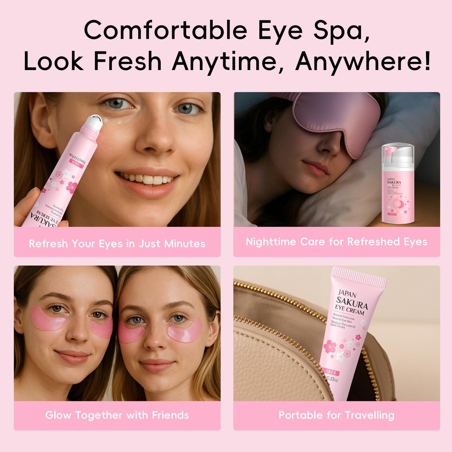 LAIKOU Sakura Eye Care Gift Set, 5-in-1 Eye Treatment Set with Serum, Cream, Day & Night Cream, Sleeping & Under Eye Mask for Dark Circles, Puffiness & Fine Lines, Day & Night Routine