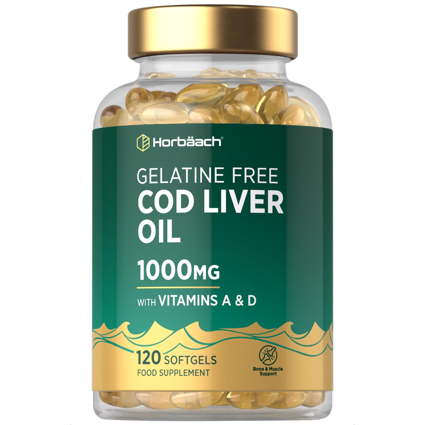 Horbäach Cod Liver Oil Gelatine Free 1000mg | 120 Capsules | High Strength Supplement with Vitamin A, D and Omega 3 DHA/EPA | Suitable for Pescatarians | by Horbaach