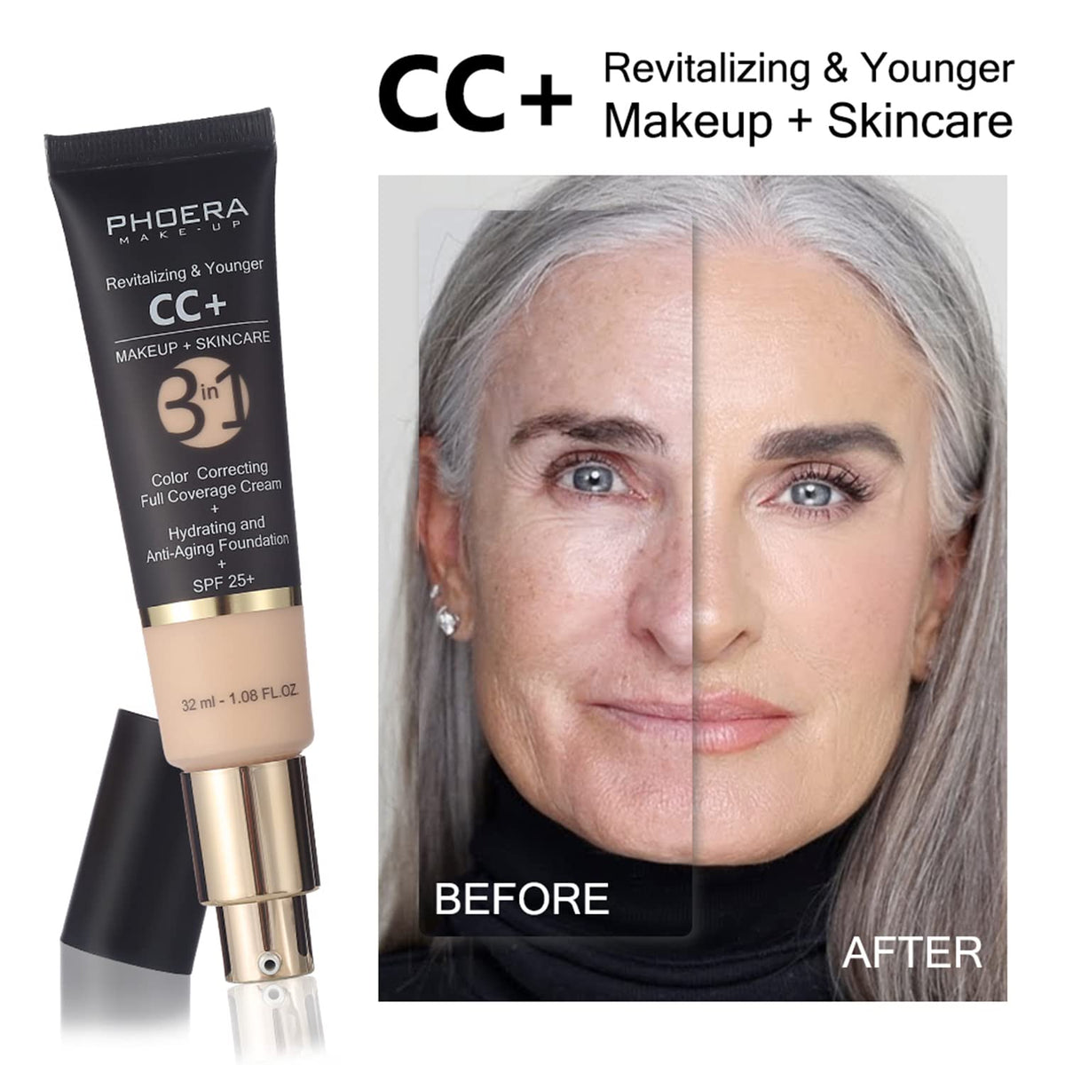 Hilareco PHOERA CC Cream Foundation With SPF,PHOERA Full Coverage Foundation Color Correcting Cream,Anti Aging Hydrating Serum & SPF 25+ Sunscreen Natural Finish1.08 floz (120+140/Nude+Buff Beige)