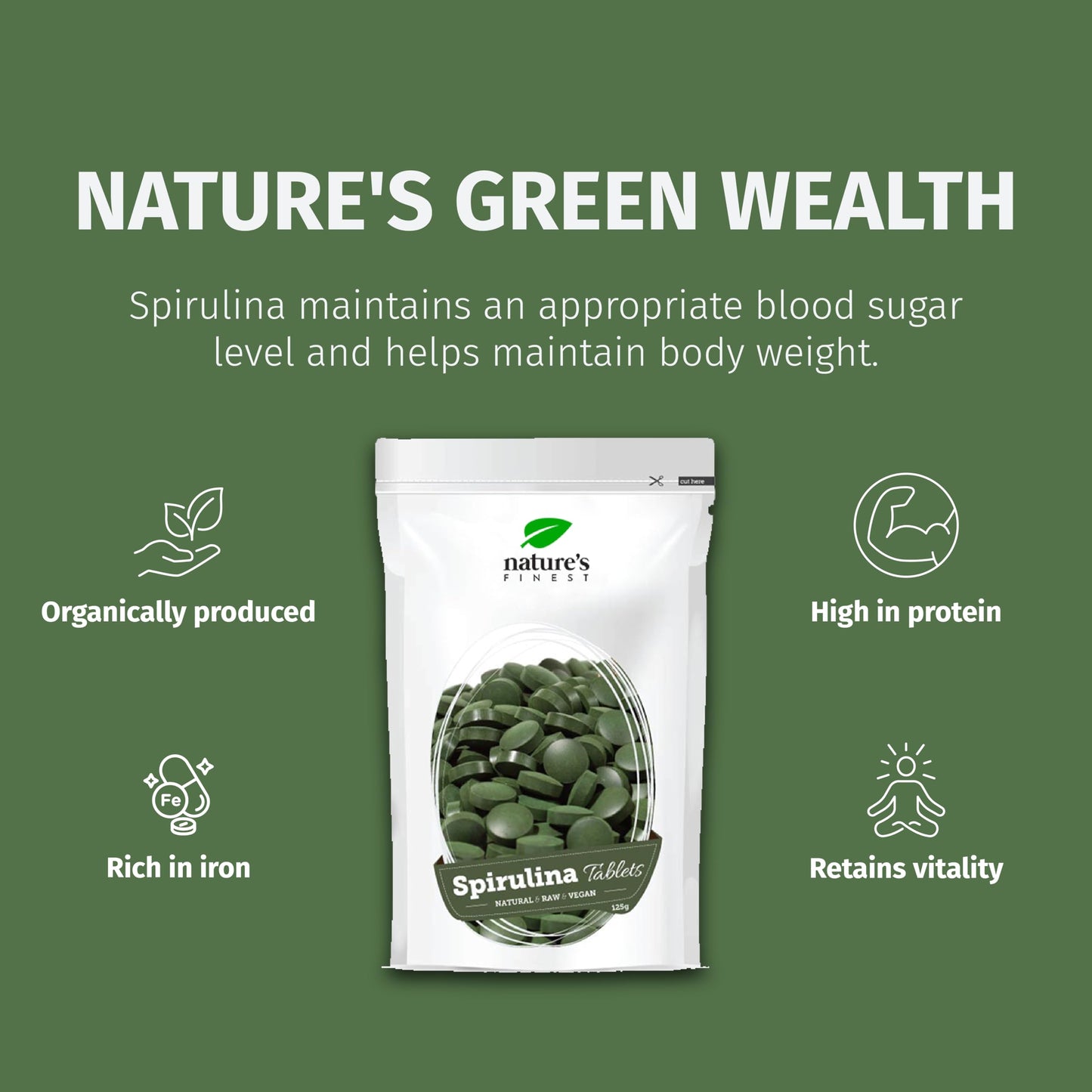 Nature's Finest by Nutrisslim Spirulina Tablets 250mg per Tablet (500 Tablets), 100% Organic Herbal Supplements, Natural Iron and Chlorophyll Source, Immune Booster Supplement - Vegan