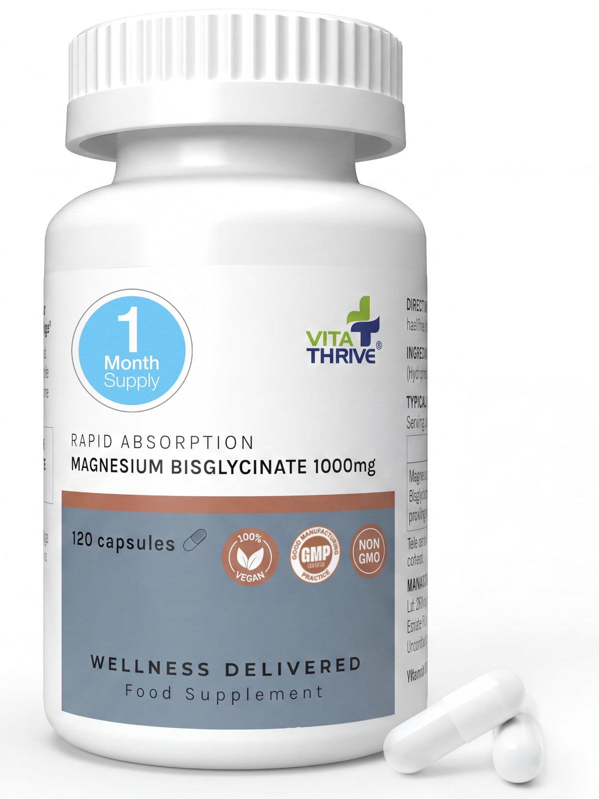 Vita Thrive VitaThrive® Magnesium Bisglycinate 1000mg Capsules – High Absorption Vegan Magnesium Supplement Providing 100mg Elemental Magnesium for Muscle Function – 120 Capsules