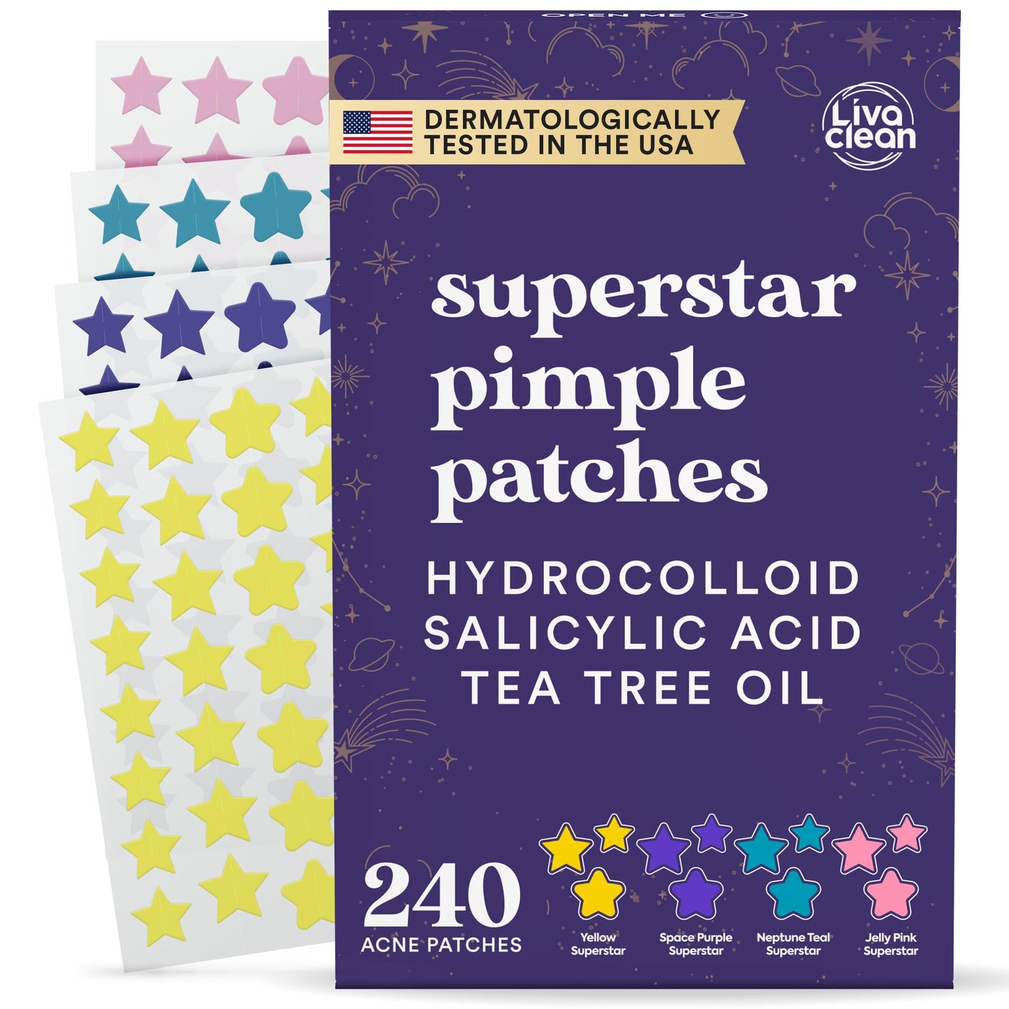 LivaClean 240 Count Colorful Star-Shaped Pimple Patches for Face – Hydrocolloid Acne Patches – Cute Pimple Patches, Pimple Stickers, Zit Dots, Hydrocolloid Bandages, Acne Stickers