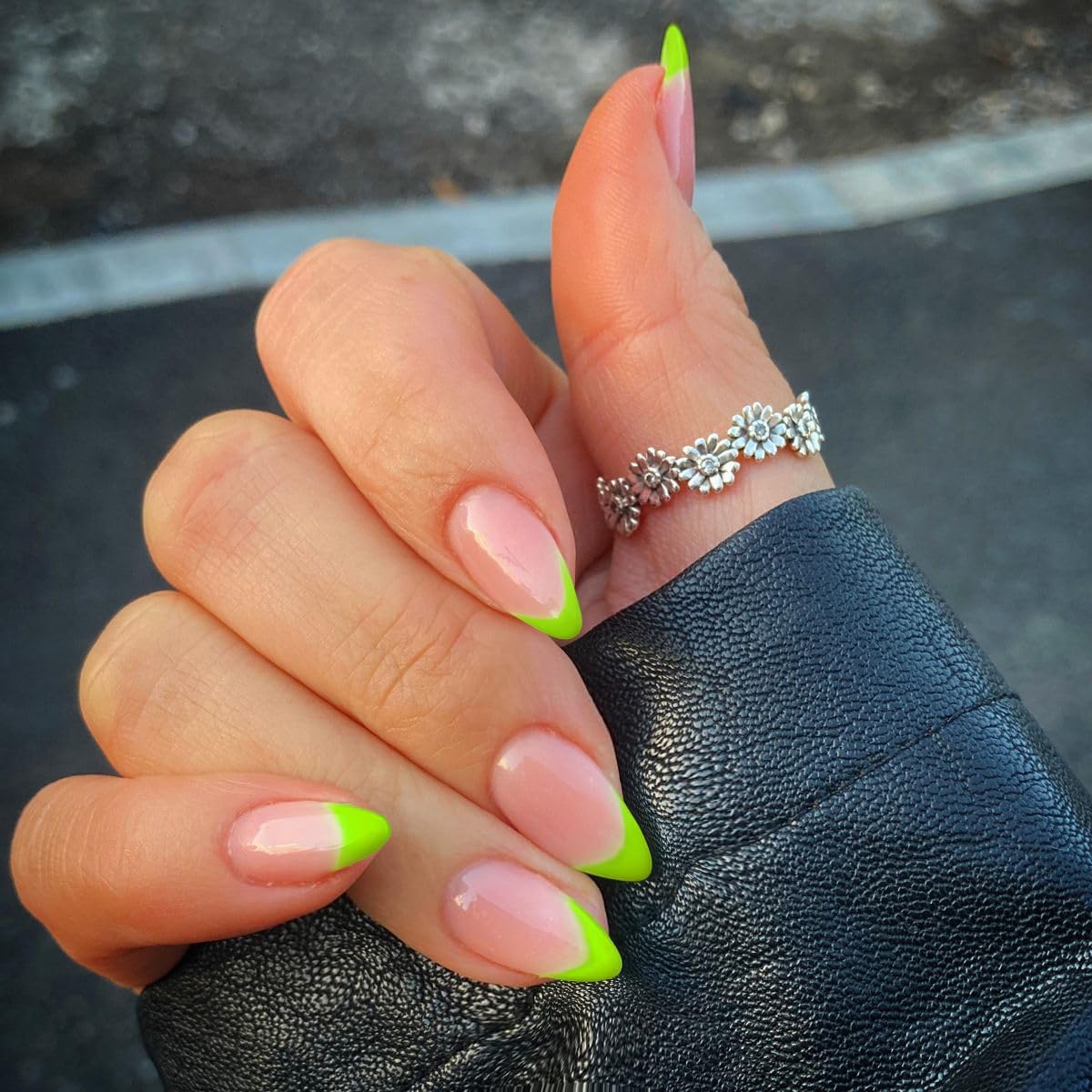 SXVME 30 Pcs Acrylic Press on Nails Short Almond, Neon Green French Tip False Nails Short Pointed Stiletto, Natural Nude Fake Nails Set Classic Soft Gel Stick on Nail for Women Daily Wedding Wear