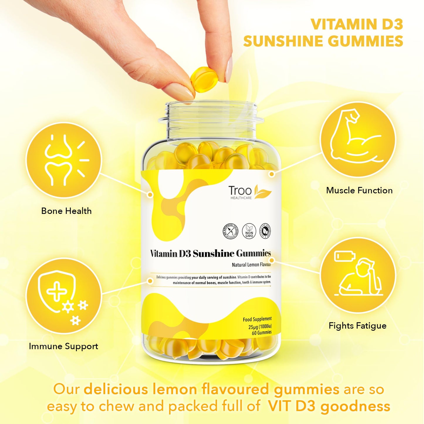 Troo Health Care Vitamin D3 Gummies (1000iu) - Natural Lemon Flavoured - 60 Count for Teens & Adults - 5 Month Supply - Non-GMO, Supports Immune Function, Bone & Teeth Health