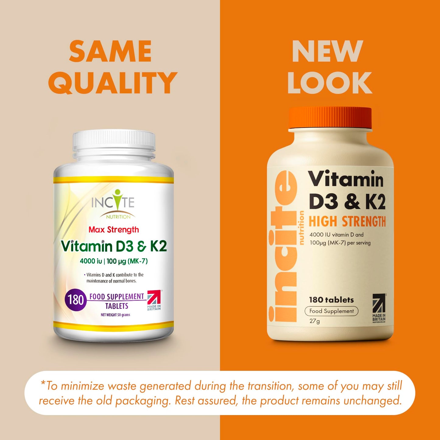 Incite Nutrition Vitamin D3 K2 (MK7) 100ug - 6 Month’s Supply - High Strength 180 Tablets - Premium Vegetarian Tablets - Suitable for Vegetarian - Vitamin D3, 4000iu & K2 - Made in UK