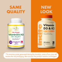 Incite Nutrition Vitamin D3 K2 (MK7) 100ug - 6 Month’s Supply - High Strength 180 Tablets - Premium Vegetarian Tablets - Suitable for Vegetarian - Vitamin D3, 4000iu & K2 - Made in UK