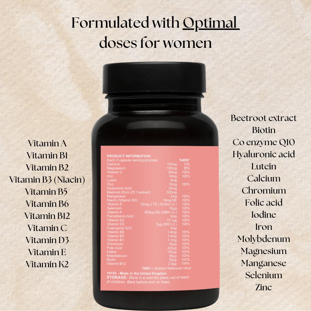 Womens Multivitamins & Minerals with Hyaluronic Acid & Biotin | 26 Essential Vitamins, Minerals & Botanicals | Optimal Dosages | Vegan & Gluten Free | No Synthetic fillers | 60 Caps | Her Essentials