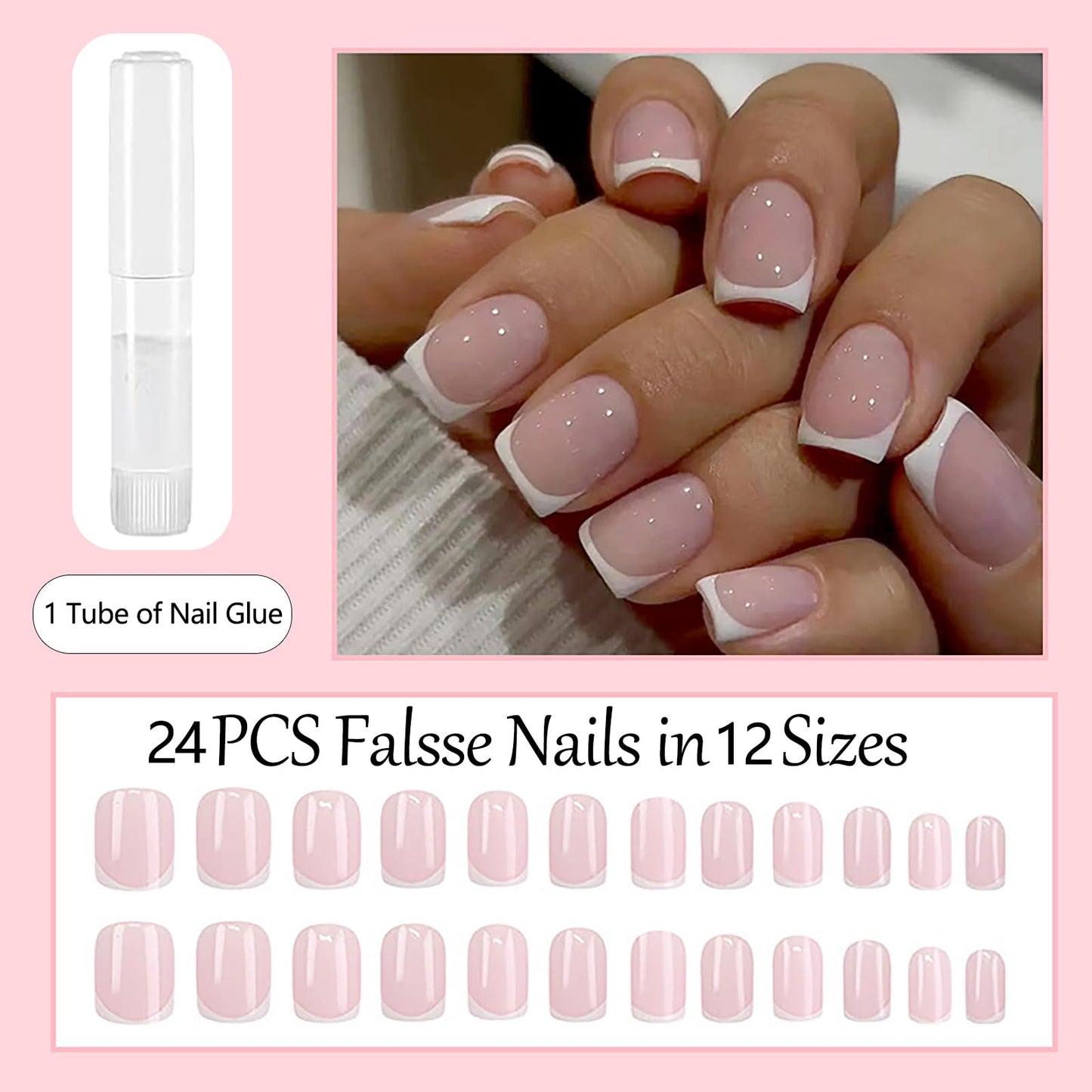NLFOX 24Pcs French Tip False Nails Short - Press on Nails - Fake Nails with Glue - Nude White Stick on Nails - Full Cover Acrylic Square False Nail Tips for Women Girls Nail Art