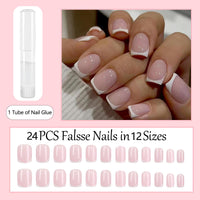 NLFOX 24Pcs French Tip False Nails Short - Press on Nails - Fake Nails with Glue - Nude White Stick on Nails - Full Cover Acrylic Square False Nail Tips for Women Girls Nail Art