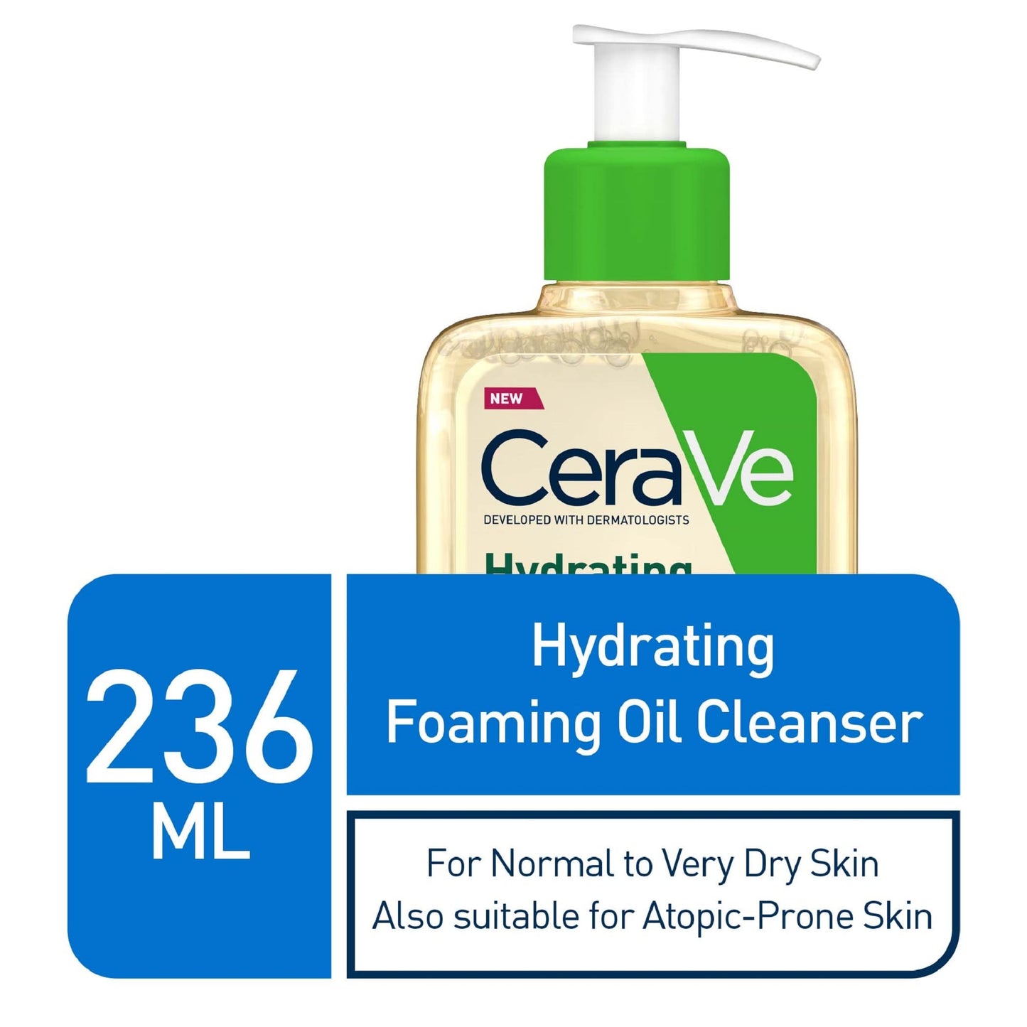 CeraVe Hydrating Foaming Oil Cleanser for Normal to Very Dry Skin with Squalane, Triglyceride and 3 Essential Ceramides (For Face and Body), Clear, 236 ml