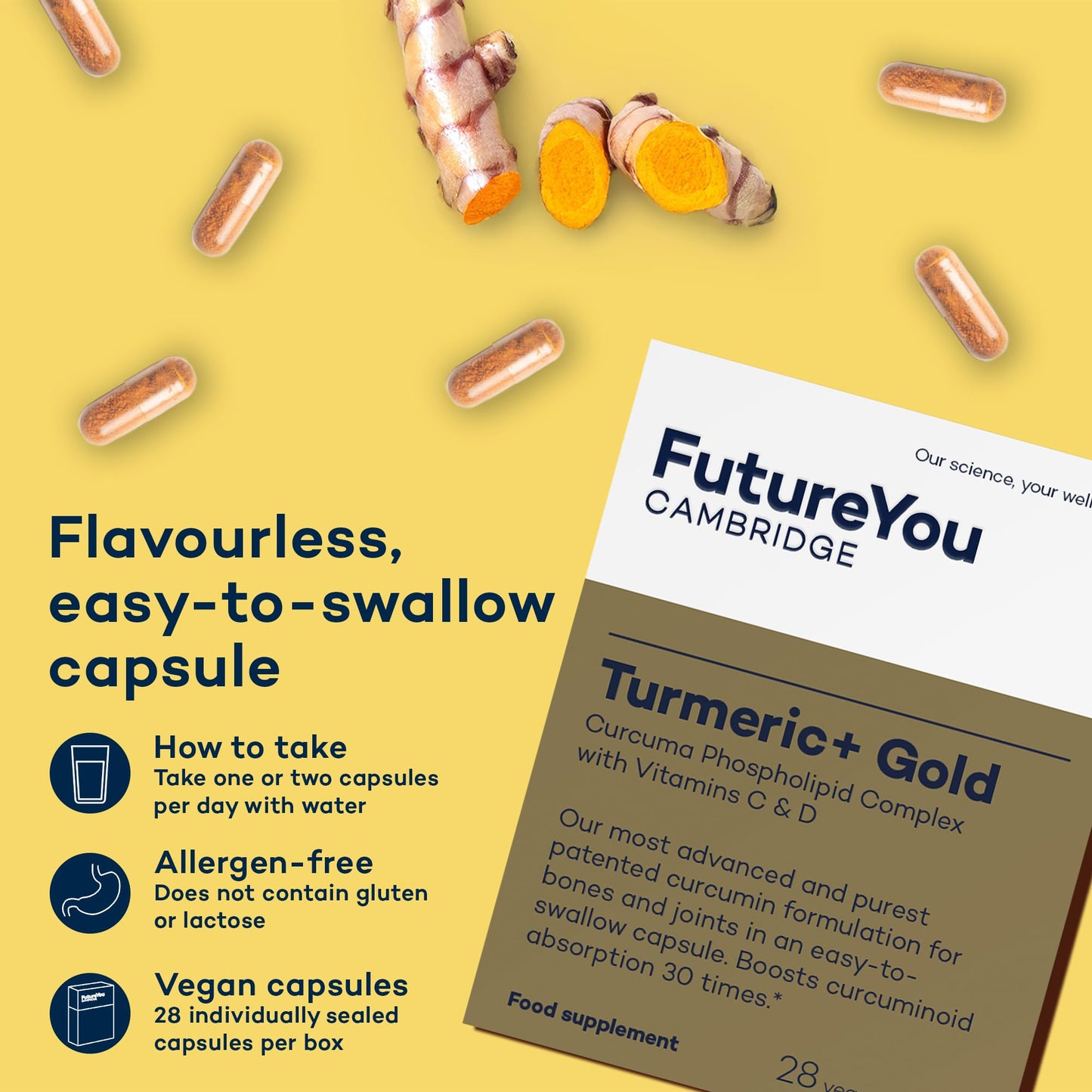 Turmeric+ Gold Supplement – 28 Turmeric Capsules High Strength – Curcumin Capsule Patented Meriva Formulation with Vitamins C & D – Tablets for Bones, Joints & Muscles by FutureYou Cambridge.