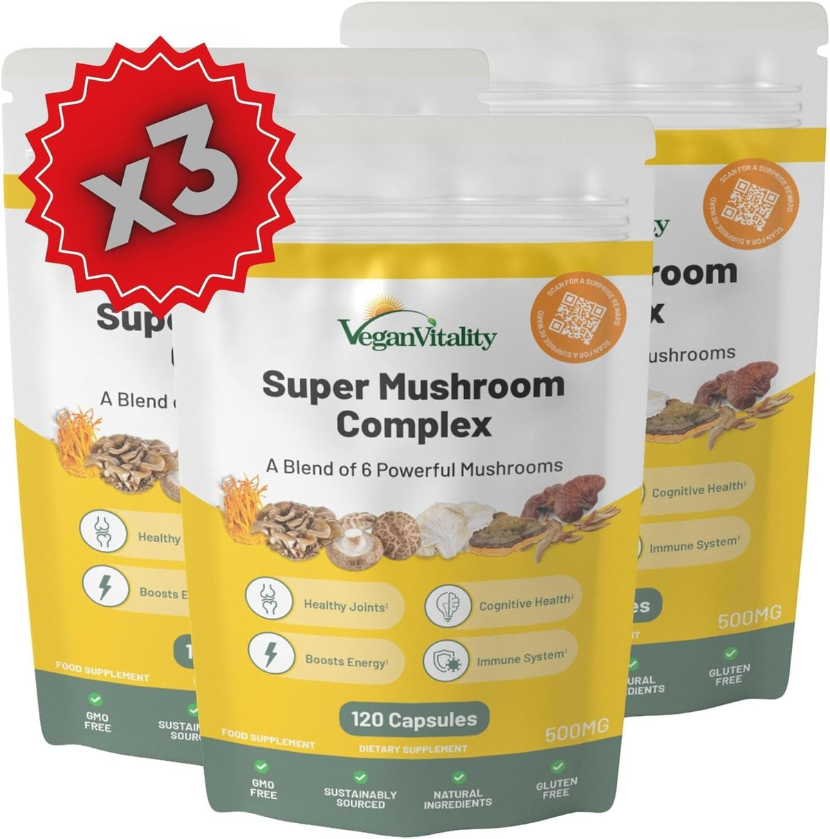 Vegan Vitality Mushroom Complex 6 Lions Mane Mushroom Supplement 360 Capsules High Strength Vegan Supplement with Lions Mane, Reishi, Chaga Mushroom Powder, Shitake, Cordyceps & Maitake