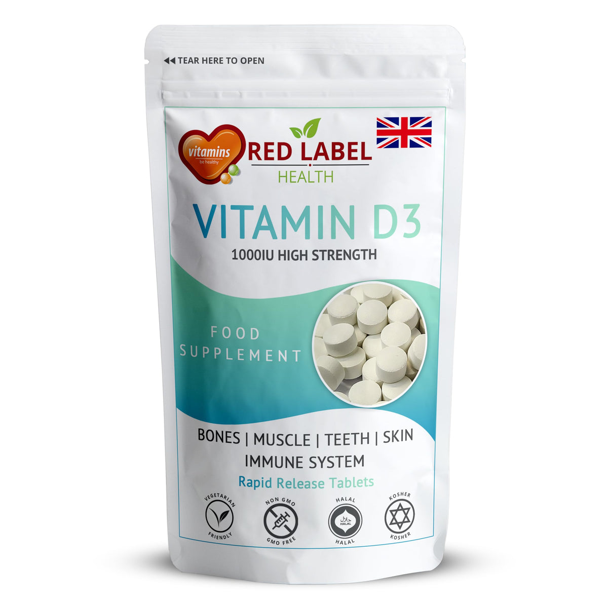 Red Label Health Vitamin D3 1000 IU, Pack of 360 Vitamin D Tablets (1 Year Supply), Healthy Teeth & Bones, Supports Immune System, High Strength Vitamin D Supplement for Men & Women, UK-Made