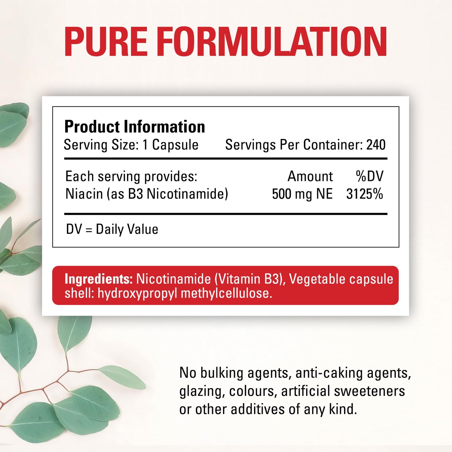 Vitamin B3 Nicotinamide 500mg | 240 Vegan Capsules | 8 Months Supply | Pure No Flush Niacin | High Strength Niacin as Niacinamide Supplement | NAD Precursor Supplement | UK Made by Naturally Natural