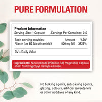 Vitamin B3 Nicotinamide 500mg | 240 Vegan Capsules | 8 Months Supply | Pure No Flush Niacin | High Strength Niacin as Niacinamide Supplement | NAD Precursor Supplement | UK Made by Naturally Natural